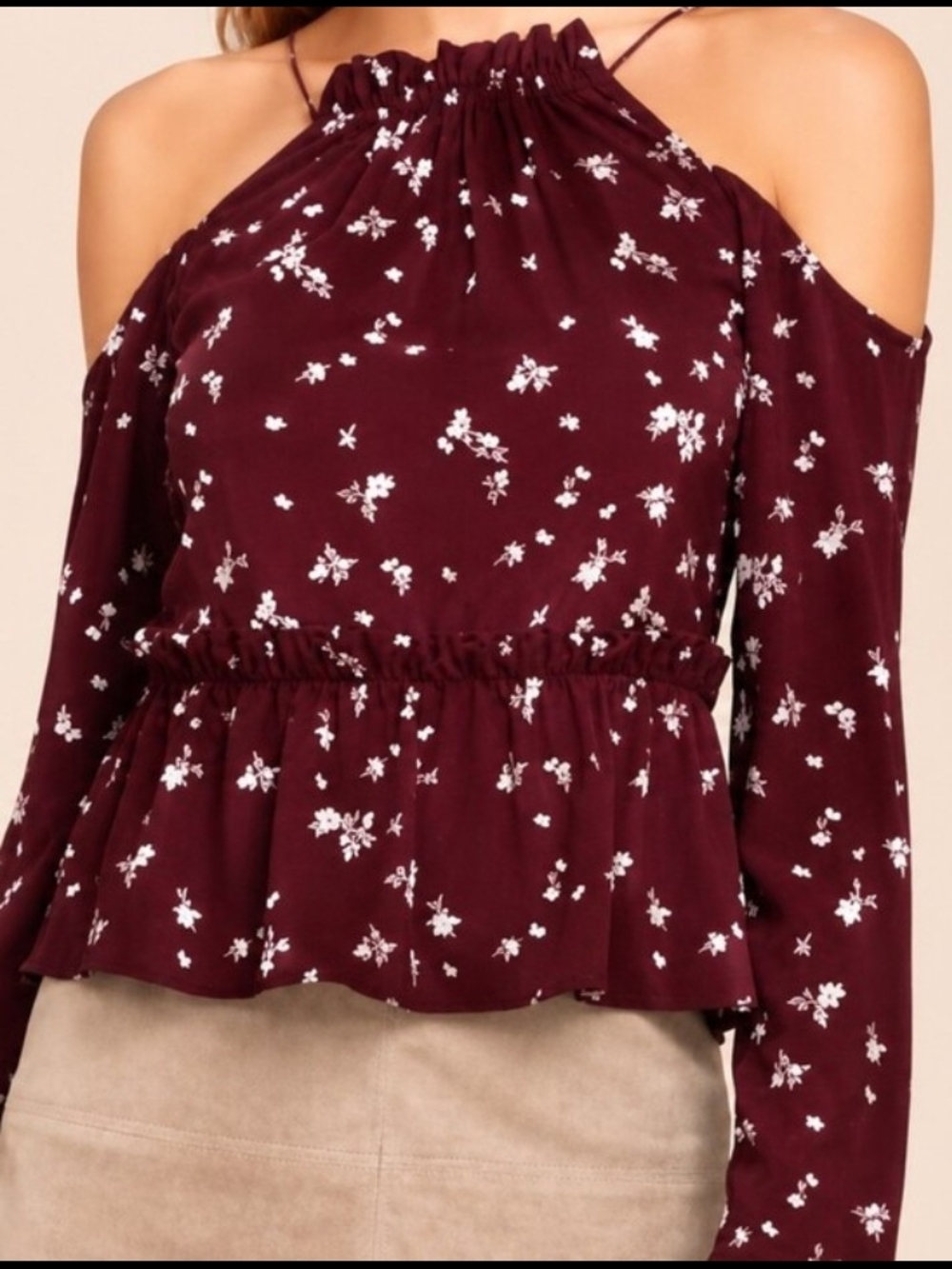 Tavik  Burgundy Floral Cold Shoulder Blouse Bohemian Peplum Size medium